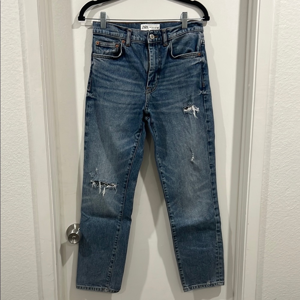 Zara Blue Straight Jeans with Distressed Details